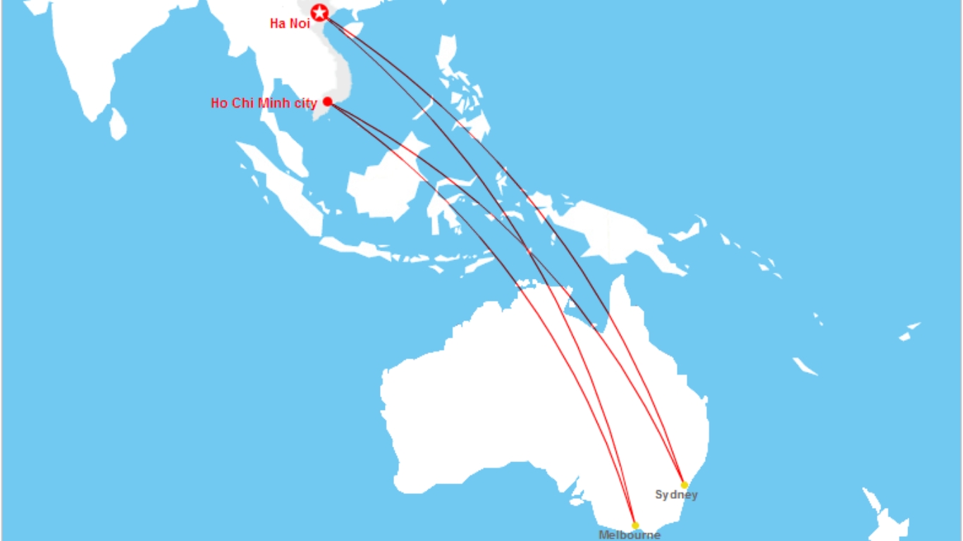 Distance from Australia to Vietnam
